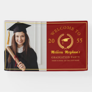 Elegante Gold Cap Laurel Wreath Graduation Party Banner