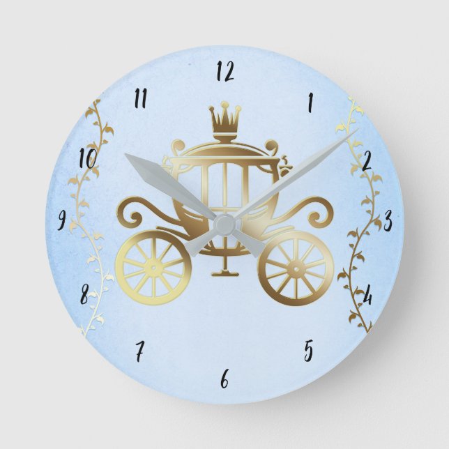 Elegante Gold Carriage Blue Storybook Princess Runde Wanduhr (Vorderseite)
