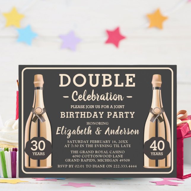 Elegante Gold Champagne Double Birthday Party Einladung (Von Creator hochgeladen)