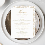 Elegante Gold Chinoiserie Viktorianische Hochzeit Menükarte<br><div class="desc">Entspannen Sie bei einem Hochzeitsempfang mit unserem eleganten Gold Chinoiserie Blumenmenü. Dieses Menü wurde mit graziöser Goldkalligraphie auf einem sauberen weißen Hintergrund gestaltet und ist vollständig mit Ihren Namen, Ihrem Hochzeitstermin und Ihren Menüdetails anpassbar. Auf der Rückseite des Hauses befindet sich ein prächtiges, goldfarbenes und weißes Chinoiserie-Blumenmuster, das Ihrem Tischdekor...</div>