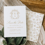 Elegante Gold Chinoiserie Viktorianische Hochzeit Save The Date<br><div class="desc">Mit dieser eleganten Gold Chinoiserie Viktorianisch Floral kündigen Sie Ihre bevorstehende Hochzeit Save the Date an Freunde und Familie. Dieses Design zeigt Ihre Monogramm-Initialen, umgeben von einem Wappen von faszinierenden Goldchinoiserie und Barockmotiven. "Save the Date" wird in einem goldenen Kalligraphieskript mit Ihren Hochzeitsdetails dargestellt. Auf der Rückseite der Karte befindet...</div>