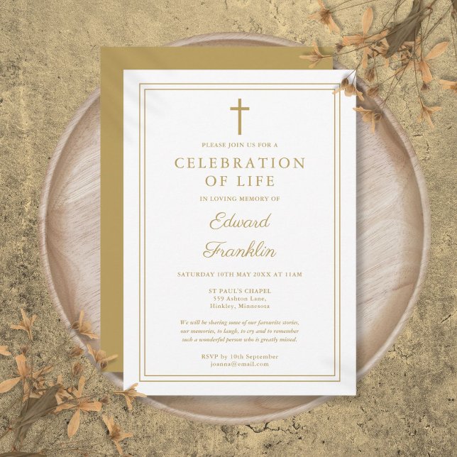 Elegante Gold Christliche Feier zur Beerdigung des Einladung (Elegant Gold Christian Celebration Of Life Funeral Invitation)
