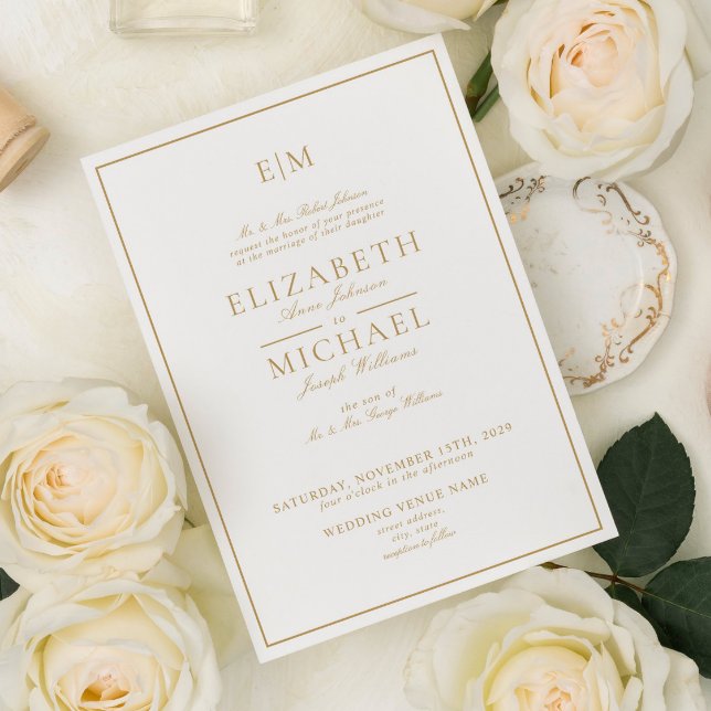 Elegante Gold Classic Script Monogram Wedding Einladung (Von Creator hochgeladen)