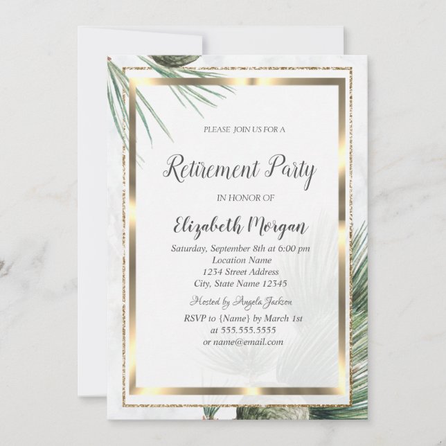 Elegante Gold Confetti Frame Pine Tree Pension Einladung (Vorderseite)