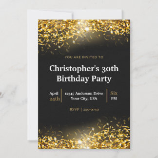 Elegante Gold Confetti Schwarzer Hintergrund | Geb Einladung