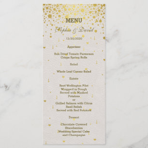 Elegante Gold Confetti White Leather Wedding Menü Menükarte