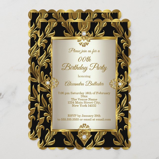 Elegante Gold Cream Damask Black Birthday Party Einladung (Vorne/Hinten)