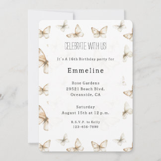 Elegante gold cremeweiße Schmetterlinge Geburtstag Einladung