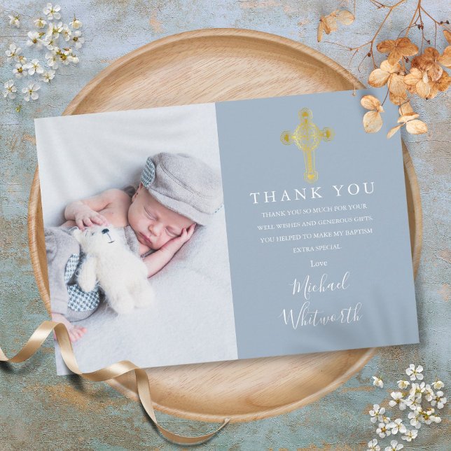 Elegante Gold Cross Foto Signature Script Taufe Dankeskarte (Elegant Gold Cross Photo Signature Script Baptism Thank You Card)