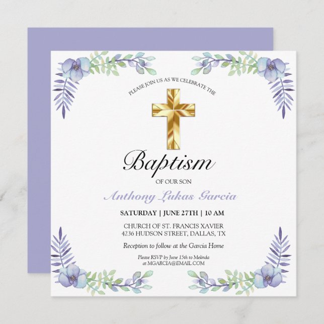 Elegante Gold Cross Lavender Boy Taufe Karte (Vorne/Hinten)