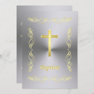 Elegante Gold Cross Taufe auf Metall Hintergrund I Einladung