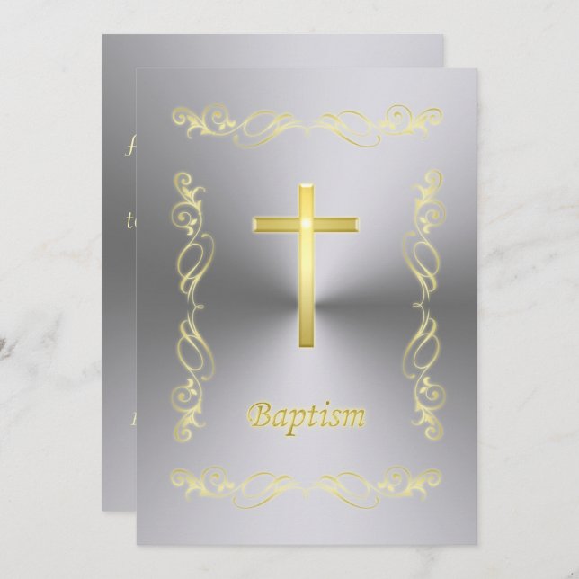 Elegante Gold Cross Taufe auf Metall Hintergrund I Einladung (Vorne/Hinten)