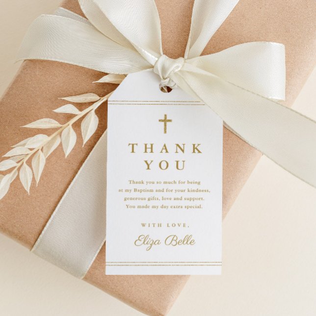 Elegante Gold Cross Taufe Vielen Dank für Ihre Unt Geschenkanhänger (Elegant gold glitter baptism thank you favor tag with simple typography and script name.)