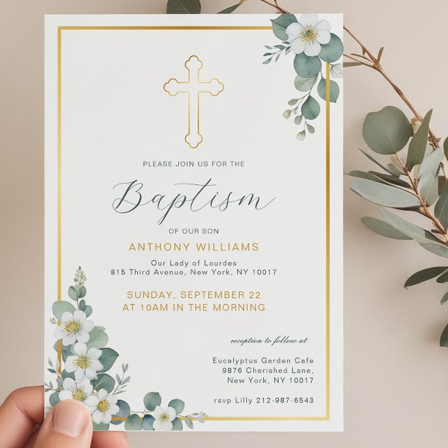 Elegante Gold Cross Taufen Einladung (Gender Neutral Baptism Invitation)