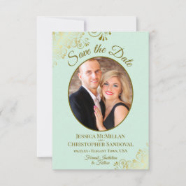 Elegante Gold Curls & Foto Neo Mint Green Wedding Save The Date
