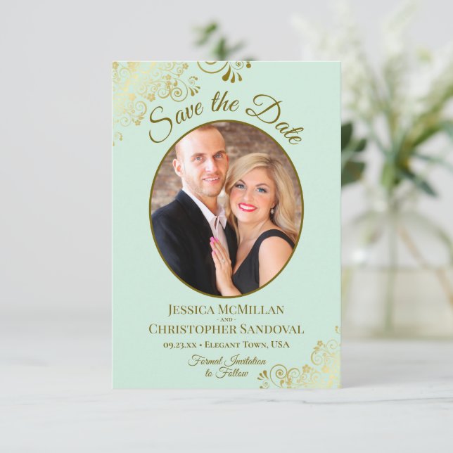 Elegante Gold Curls & Foto Neo Mint Green Wedding Save The Date (Stehend Vorderseite)