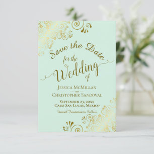 Elegante Gold Curls & Wirbel auf Mint Green Weddin Save The Date