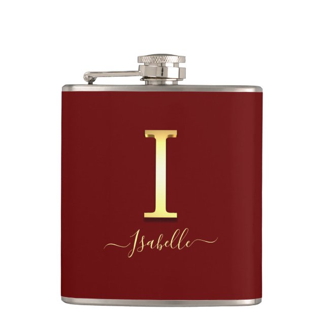 Elegante Gold Custom Monogram I Name Flask Flachmann (Vorderseite)