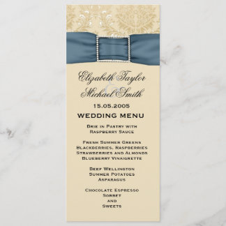 Elegante Gold Damask Blue Ribbon Wedding Menu Menükarte