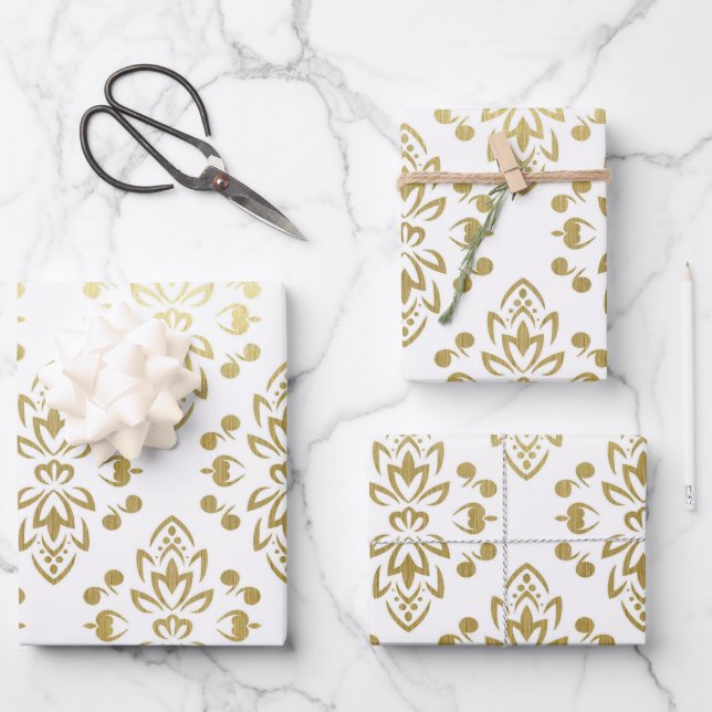 Elegante Gold Damask Blumenmuster Hochzeit Geschenkpapier Set (Vorderseite)