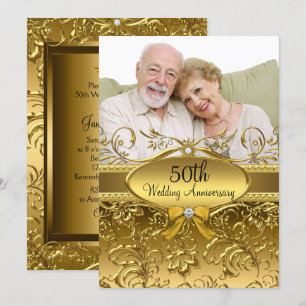 Elegante Gold Damast Foto 50. Hochzeitstag Einladung