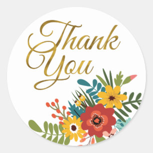 Elegante Gold Danke Typografie Farbige Blumen Runder Aufkleber