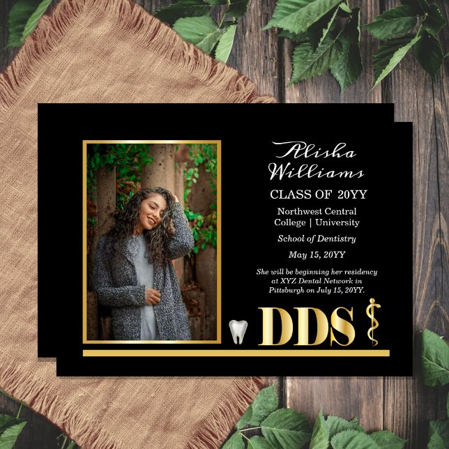 Elegante Gold DDS Asclepius Zahnarzt Abschluss Ankündigung (Elegant Black and Gold Tone One Photo Asclepius Dentist Dental "DDS" Graduation Announcement )