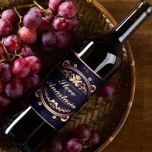 Elegante Gold Demask Mit Monogramm Royal Blue Weinetikett