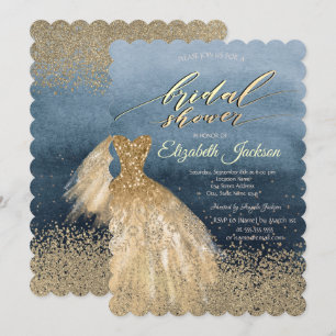 Elegante Gold-Diamanten-Kleid Blaue Bridal Shower Einladung