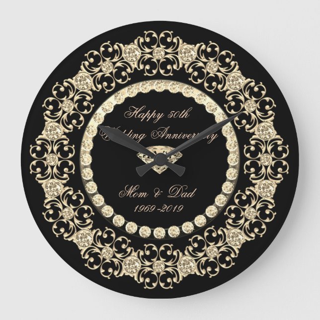 Elegante Gold Diamonds 25. Hochzeitstag Große Wanduhr (Vorderseite)