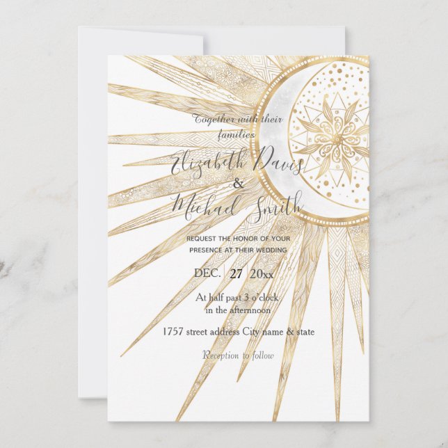 Elegante Gold Doodles Sun Moon Mandala Wedding Einladung (Vorderseite)