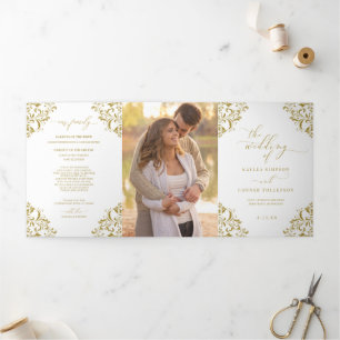 Elegante Gold Dreifach-Hochzeitskalender Dreifach-gefaltete Programmkarte