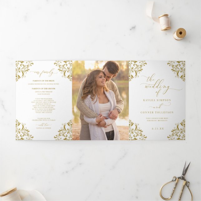 Elegante Gold Dreifach-Hochzeitskalender Dreifach-gefaltete Programmkarte (Außenbereich)