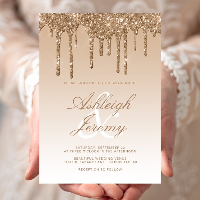 Elegante Gold Dripping Glitzer Script Wedding Einladung (Von Creator hochgeladen)
