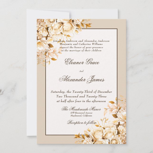 Elegante Gold & Elfenbeinflora feierliche Hochzeit Einladung (Vorderseite)
