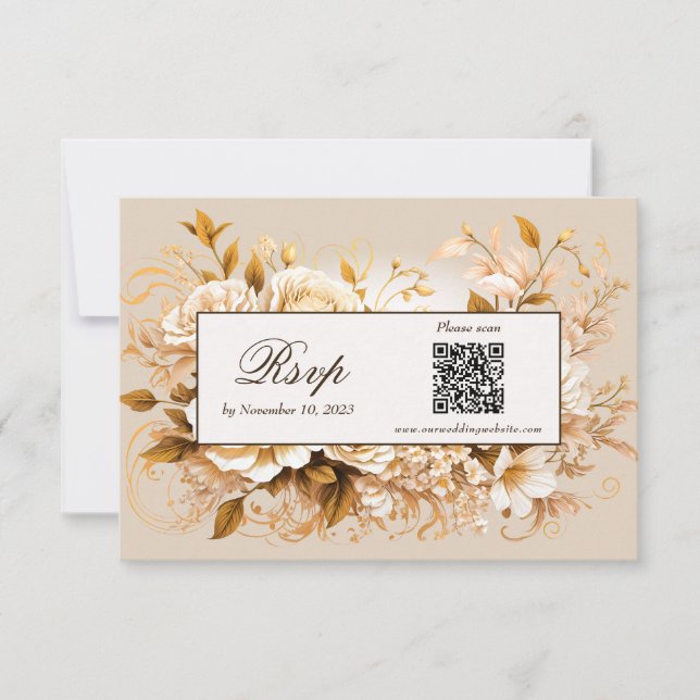 Elegante Gold & Elfenbeinflora QR Code RSVP Card Karte (Vorderseite)