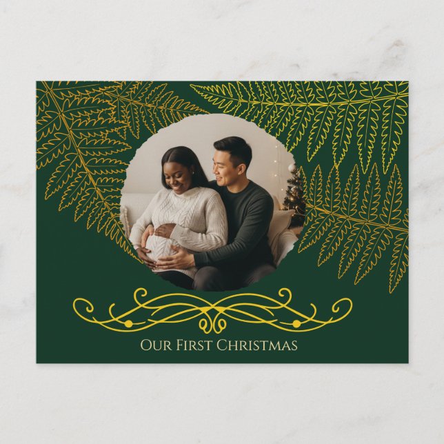 Elegante Gold Fern Rahmen Grün unsere ersten Weihn Postkarte (Vorderseite)