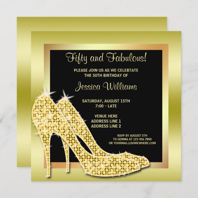 Elegante Gold Fifty & Fabulous Geburtstagsparty Einladung (Vorne/Hinten)