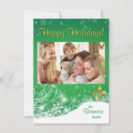 Elegante Gold Fleur Green Holiday Custom Foto Card Feiertagskarte