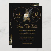 Elegante Gold Floral auf Black Monogram Wedding