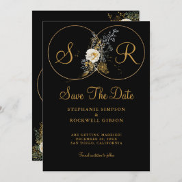 Elegante Gold Floral auf Black Monogram Wedding Save The Date