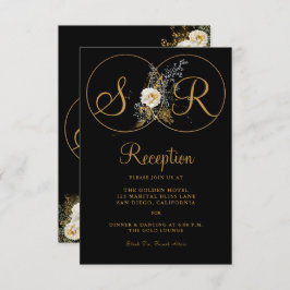 Elegante Gold Floral auf Schwarz Monogramm Einladung