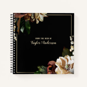 Elegante Gold Floral auf Schwarz Personalisiert Notizbuch