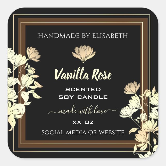 Elegante Gold Floral Black Product Packaging Label Quadratischer Aufkleber (Vorderseite)