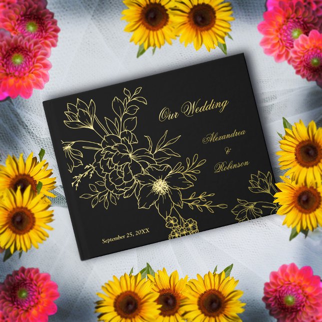 Elegante Gold Floral Blume Hochzeit Black Gästebuch (Elegant Gold Floral Flowers Wedding Black Guest Book is  great keepsake for guest to sign. )