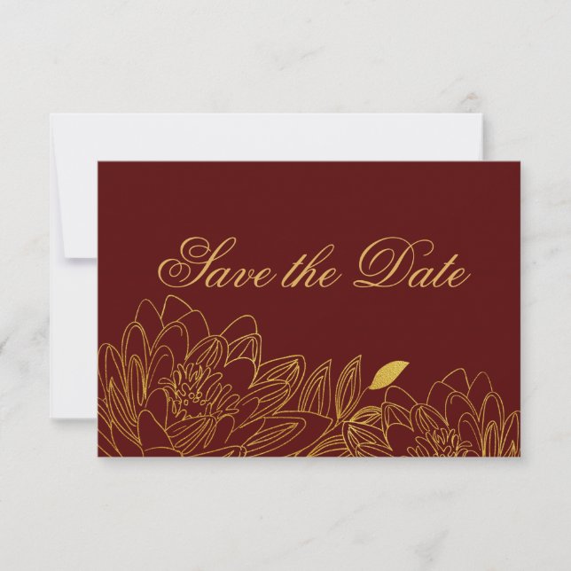 Elegante Gold Floral & Burgund Save the Date Card (Vorderseite)