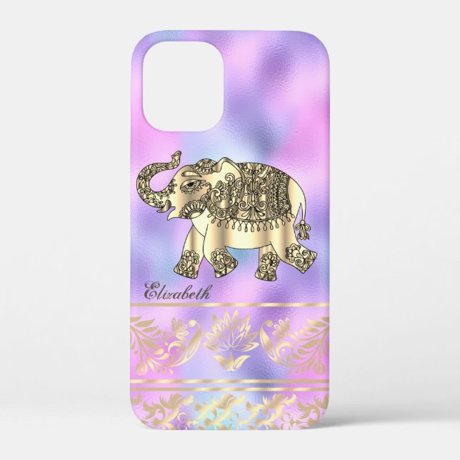 Elegante Gold Floral, Elefant, holografisch Case-Mate iPhone Hülle (Rückseite)