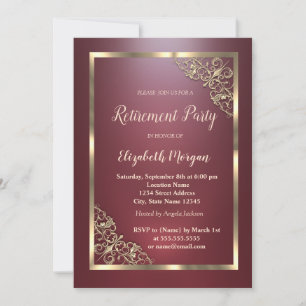 Elegante Gold Floral Frame Red Retirement Einladung