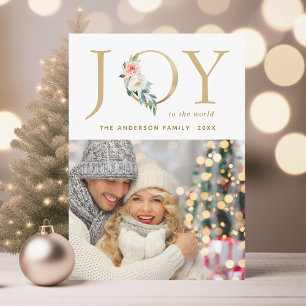Elegante Gold Floral Joy Holiday Foto Card Feiertagskarte