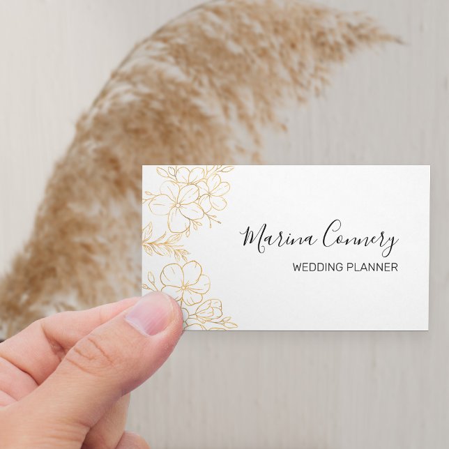 Elegante Gold Floral Line Zeichnend Hochzeitsplane Visitenkarte (Horizontal Business Card with elegant gold flowers)